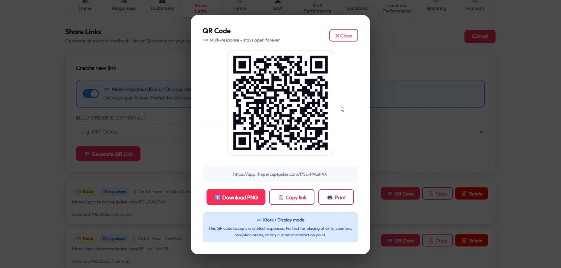 Percept Pulse share links: a kiosk mode QR code that stays open for unlimited responses, with a link to copy, download, or print